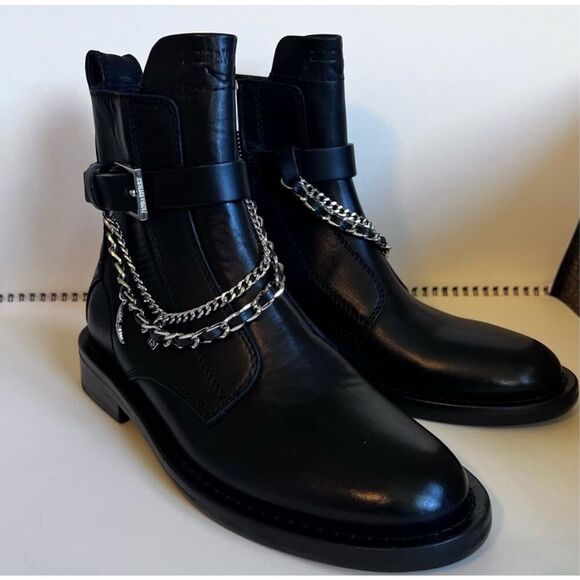 Zadig & Voltaire Laureen Black Leather & Silver Chain Ankle Booties size 8/38 ne - Picture 2 of 6